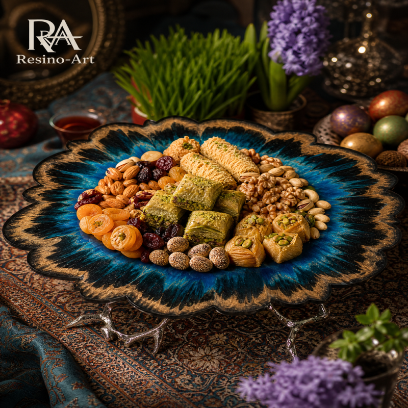 سینی رزینی آجیل و شیرینی با طرح ژئود آبی - رزینو آرت