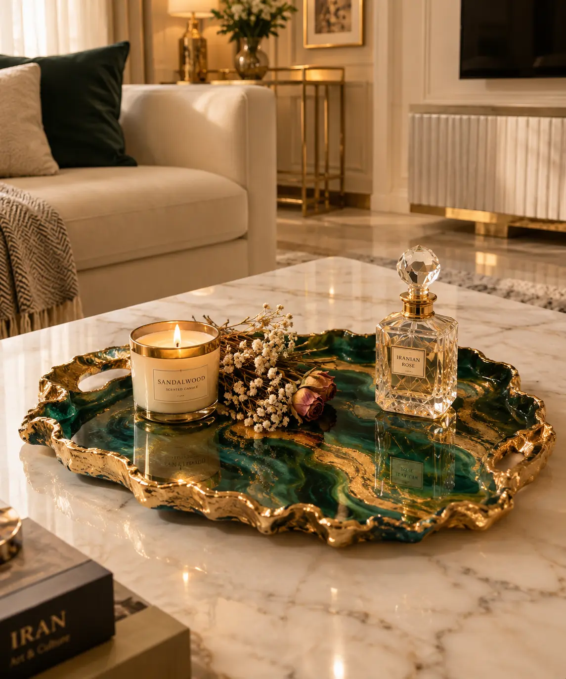 سینی رزین دست‌ساز با طرح سبز زمردی و طلایی روی میز پذیرایی — رزینو آرت